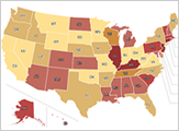 United States map with each state in a range of colors from bright yellow to red.